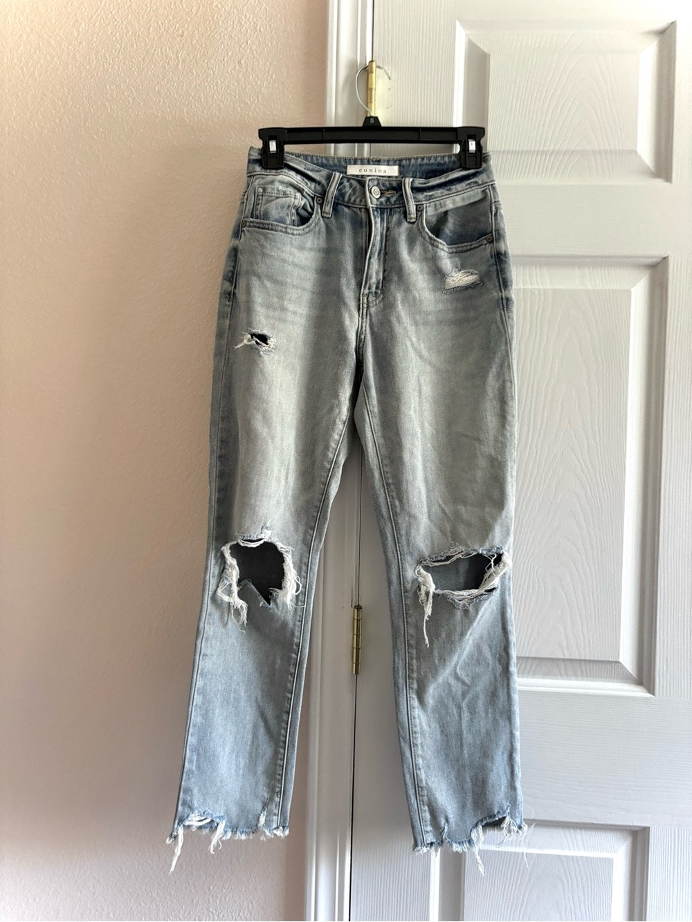 Eunina Ally High Rise Straight Crop Jeans Light Wash Distressed Jeans Size 0